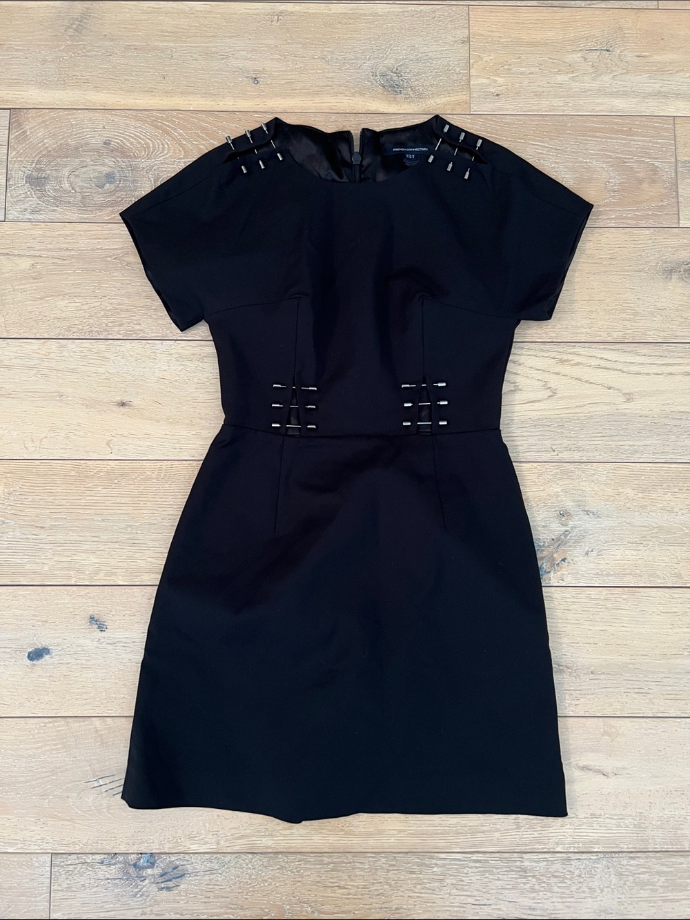 French Connection Black Short-Sleeve Mini Dress with Metal Piercing